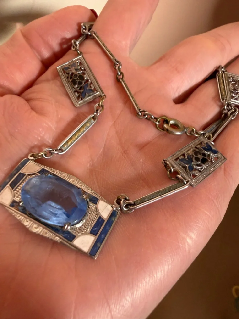 Antique Art Deco 1920 Blue Checho Glass Guilloche enamel choker Necklace - Picture 11 of 17